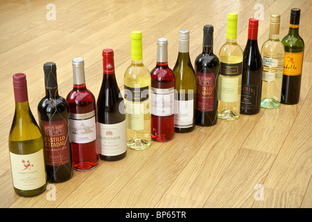 Douze bouteilles de vin dans une rangée. Banque D'Images