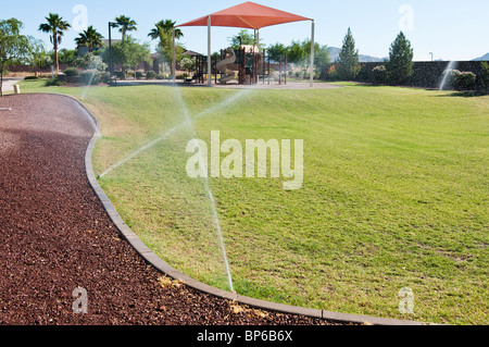 Un arrosage automatique est utilisé pour l'eau l'herbe dans un parc de la ville de l'Arizona. Banque D'Images