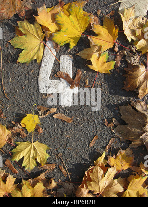 Les feuilles entourant le nombre 4 peint sur l'asphalte Banque D'Images