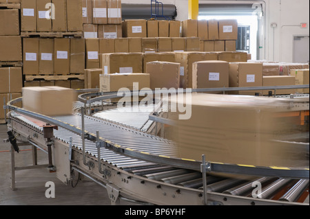 Boîtes de carton sur la courroie du convoyeur en entrepôt de distribution Banque D'Images