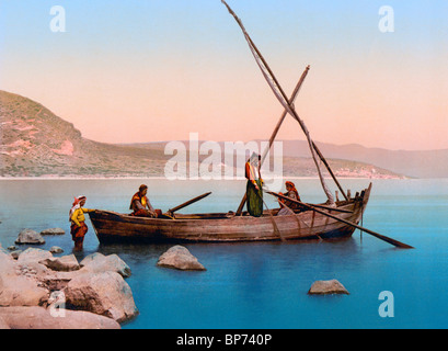 Bateau de pêcheur sur le lac de Tibériade, Israël, Terre sainte, vers 1900, Banque D'Images