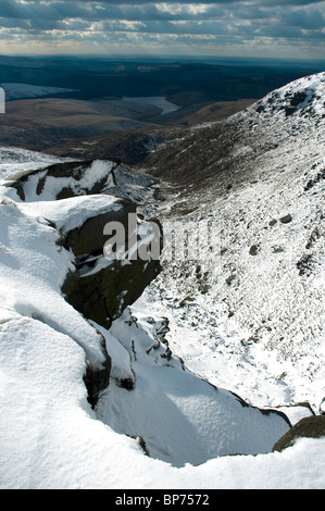 Réservoir de Kinder du plateau scout de Kinder en hiver, près de Hayfield, Peak District, Derbyshire, Angleterre, Royaume-Uni Banque D'Images