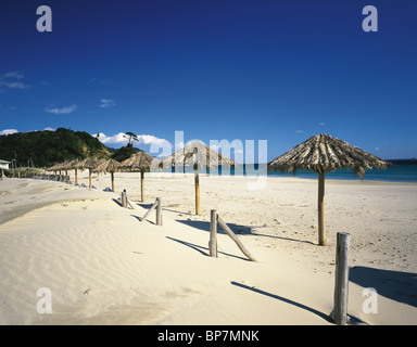 Parasols de plage sur le sable, Shimoda Shirahama, Shimoda, Shizuoka Prefecture, Japan Banque D'Images