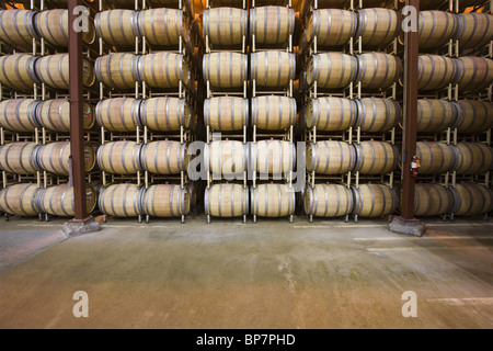 Des tonneaux de vin en entreposage, Santa Maria, Californie Banque D'Images