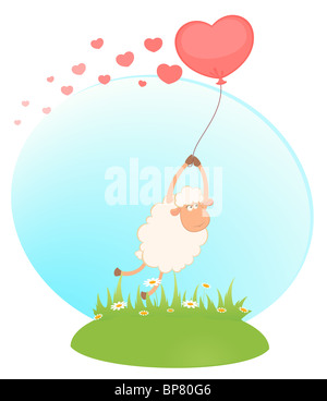 Moutons cartoon vole sur un ballon Banque D'Images