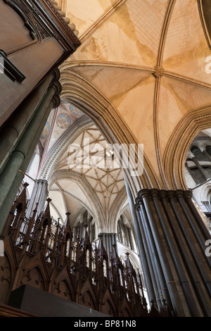 Plafond cathédrale de Salisbury et Arches au-dessus du choeur. Les colonnes s'élancer vers le plafond au-dessus du choeur richement sculpté Banque D'Images