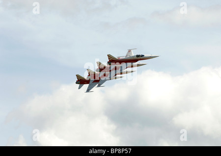 La formation d'un passage aérien par quatre F-5E Tiger II de la Patrouille Suisse en formation port echelon Banque D'Images