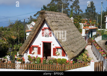 Une traditionnelle maison de Palheiro à pans, Santana, Madeira, Portugal Banque D'Images