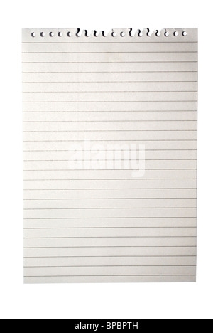 Remarque vierge de papier avec des lignes d'ordinateur portable isolé sur blanc avec chemin de détourage. Banque D'Images