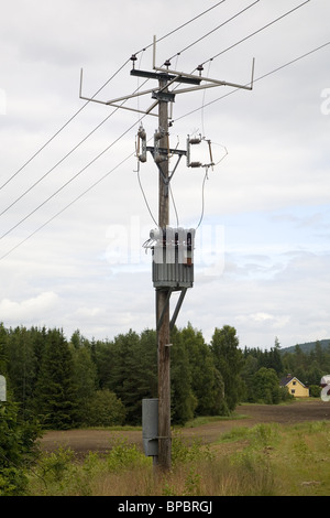 Poteau de téléphone dans un paysage rural, Suède Banque D'Images