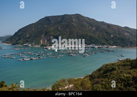 Picnic Bay sur l'île de Lamma avec Sok Kwu Wan village. Beaucoup de l'élevage de poissons dans la baie abritée. Banque D'Images