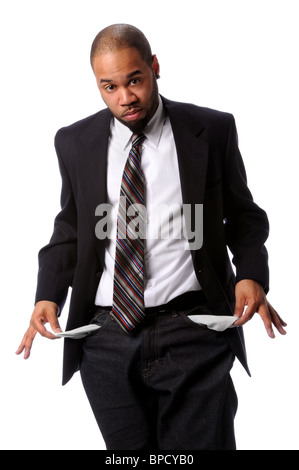 African American businessman with empty pockets isolé sur fond blanc Banque D'Images