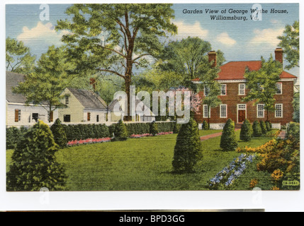 1935 Carte postale ancienne couleur, George Wythe house, Williamsburg, Virginie Banque D'Images