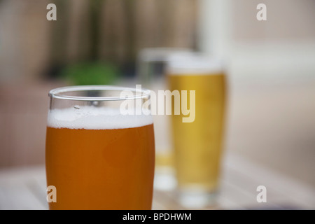 Deux pintes de bière. L'une lager, et l'un ALE. Banque D'Images