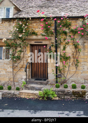 Cottage avec porte autour de roses Banque D'Images