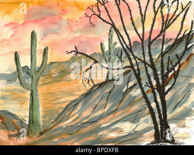 Soirée Arizona paysage abstrait moderne du sud-ouest de l'aquarelle dessin, plume et encre d'été des montagnes du désert d'origine Banque D'Images