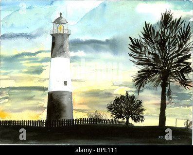 Phare de Tybee Island aquarelle fine art phares nautique seascape paysage moderne côte de la Géorgie GA Banque D'Images