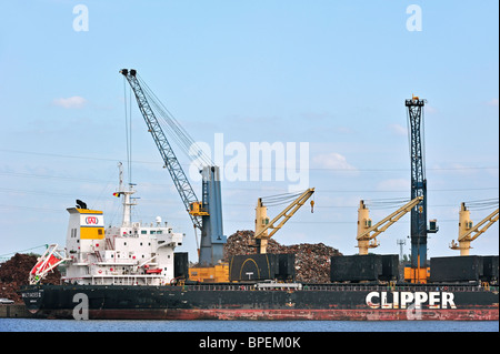 Grue de quai vraquier de chargement avec la ferraille recyclée au port de Gand, Belgique Banque D'Images