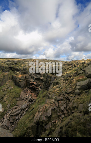 Les marcheurs avec un chien sur le Pennine Way par Kinder Chute sur Kinder Scout, Derbyshire, Peak District National Park, Angleterre, Royaume-Uni. Banque D'Images