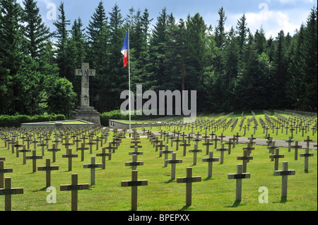 WW1 tombe au cimetière militaire français 14-18 près de la Première Guerre mondiale, un champ de bataille Le Linge à Orbey, Alsace, France Banque D'Images