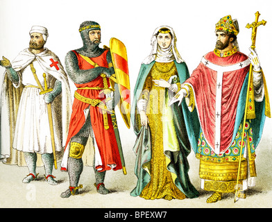 Les chiffres sont anglais autour de l'an 1200. Ils sont, de gauche à droite : Templier, chevalier, dame de grade, l'évêque. Banque D'Images