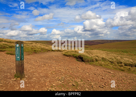 Post de marqueur à la jonction de la Pennine Way et Snake Path, Ashop Moor sur Kinder Scout, Derbyshire Peak District National Park, Angleterre, Royaume-Uni. Banque D'Images