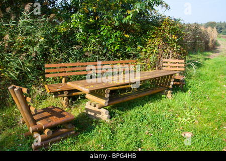 Table et chaises en bois debout dans la nature Banque D'Images