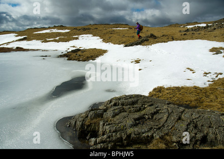 Un marcheur par un Wetherlam congelés sur Tarn, Coniston Fells, Lake District, Cumbria, England, UK Banque D'Images