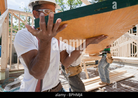 Charpentiers lamellé un levage sur un chantier de construction Banque D'Images