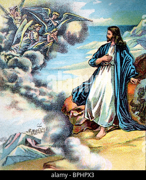 Vieille bible carte de cours montrant Jésus sur le mont de la Tentation avec le chant des anges dans le ciel Banque D'Images