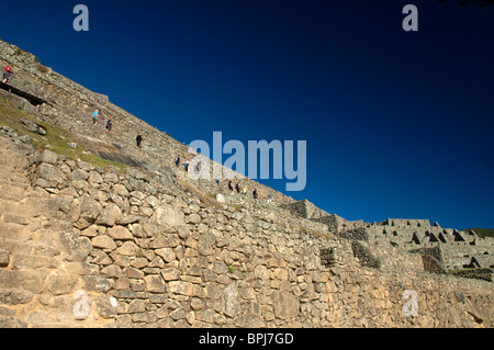 Pierre complexe de bâtiments en ruines et des terrasses du jardin à l'ancienne cité inca de Machu Picchu, au Pérou. Banque D'Images