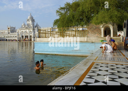 Temple d'or, deux jeunes hommes sikhs se baigner dans le lac sacré, lieu saint des sikhs, Amritsar, Punjab, en Inde, en Asie Banque D'Images
