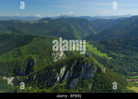 Vue aérienne du château de Montségur, Ariège, Midi Pyrénées, France Banque D'Images