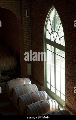 L'Amérique du Sud, Chili, vallée de Casablanca. Fenêtre cintrée et tonneaux de vin au Vina Mar Winery. Banque D'Images