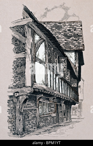 Dessin, plume et encre de l'anglais half-timbered house. Banque D'Images