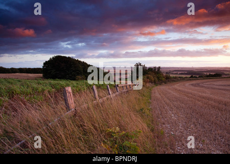 Une vieille clôture en bois et un champ de chaume surplombant la vallée de la rivière Ancholme in rural North Lincolnshire, Angleterre Banque D'Images