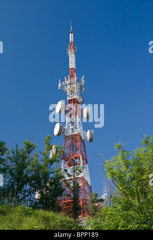 Tour de télécommunication entre les arbres au-dessus de la ville. La photo est prise avec l'utilisation d'un polariseur circulaire Banque D'Images