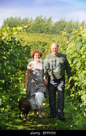 Un couple en train de marcher dans leur vignoble près de Devon UK Banque D'Images