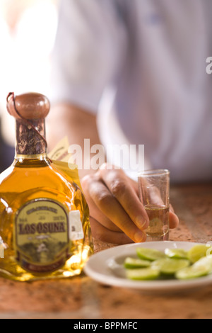 Les hommes de boire, Los Osuna, Tequila Farm & Distillerie (depuis 1876) La Noria près de Mazatlan, Sinaloa State, Mexico Banque D'Images