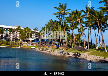 Le lagon de l'hôtel Hilton Waikoloa Village avec plage et palmiers, la Big Island, Hawaii, United States of America Banque D'Images