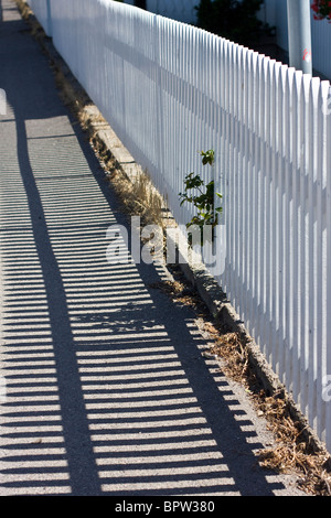 Une clôture blanche casting shadows sur le trottoir en Asgardstrand, la Norvège. Banque D'Images