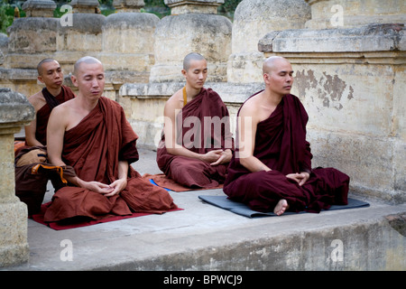 Les moines Bouddhistes en pleine méditation du Temple de la Mahabodhi à Bodhgaya, Bihar, Inde,. Banque D'Images