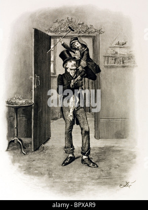 Croquis de caractère Bob Cratchit et Tiny Tim à partir d'un conte de Noël de Charles Dickens. Artiste Frederick Barnard.. Banque D'Images