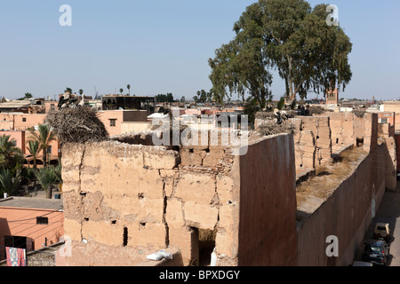 Des cigognes sur le mur du Palais El Badi, Marrakech (Marrakech), le Maroc, l'Afrique du Nord Banque D'Images