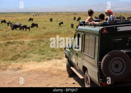 Les touristes dans une voiture à la Ngorongoro Conservation Area, Tanzania Banque D'Images
