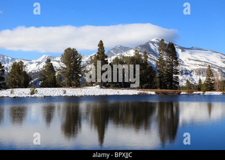 Réflexions d'hiver dans un lac alpin dans la région de Yosemite National Park, Californie Banque D'Images