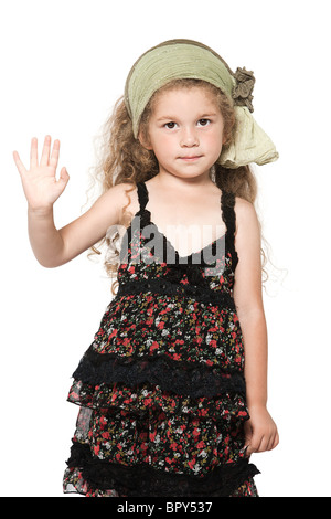 Portrait petite fille salut high five studio isolé sur fond blanc Banque D'Images