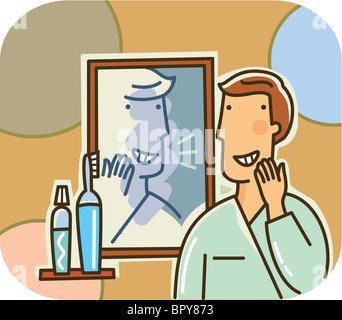 Un homme souriant à son reflet dans le miroir tout en regardant ses dents Banque D'Images