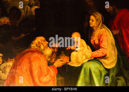 Les trois sages visiter l'enfant Jésus. L'Epiphanie par Bartolome Carducho, daté 1600, dans l'Alcazar, Segovia, Espagne Banque D'Images