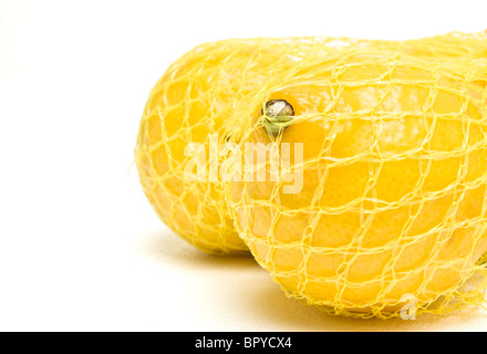 Citrons en dynamique à partir de sac en plastique vue basse isolés contre blanc. Banque D'Images